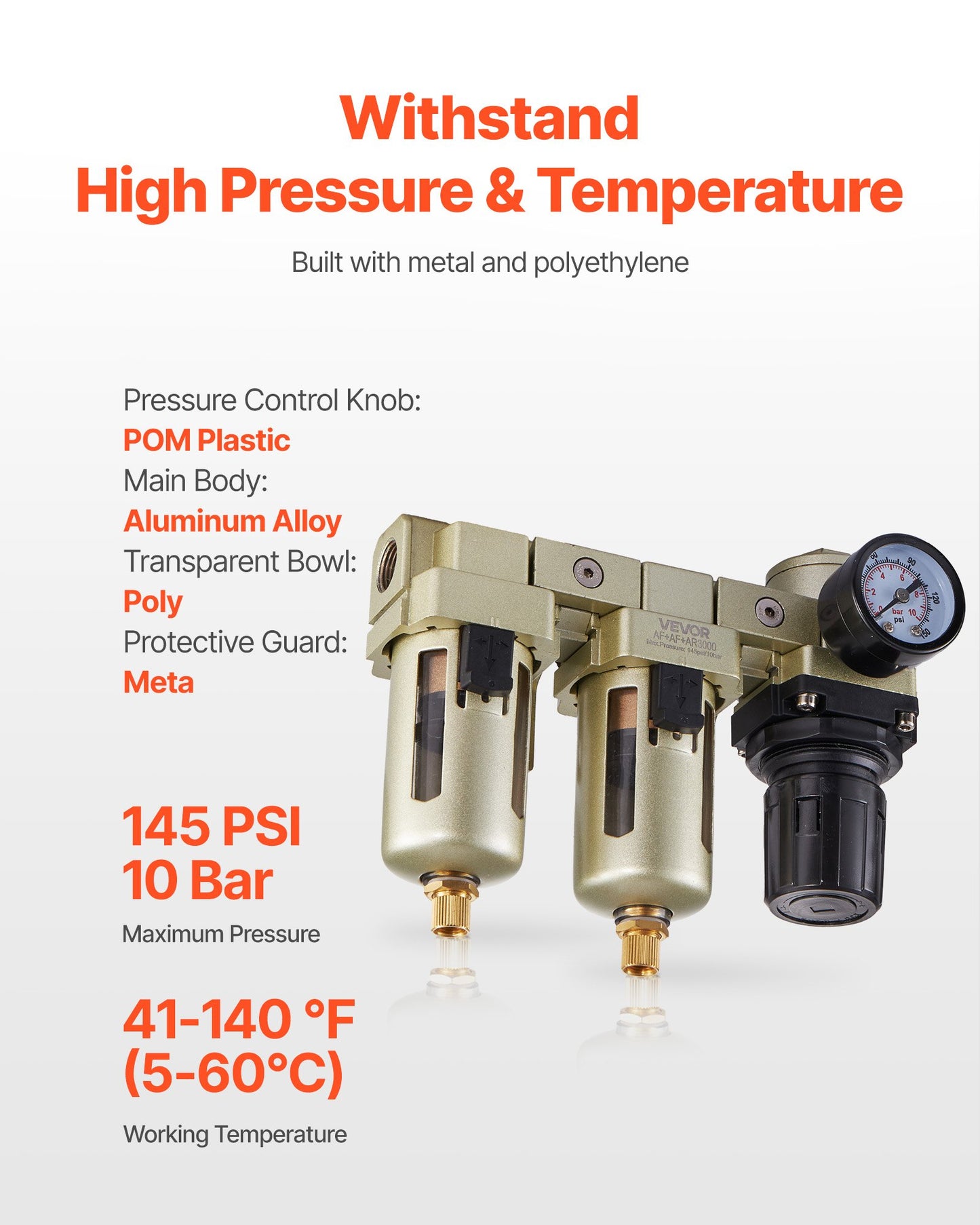 Air Compressor Filter Regulator, 3/8" NPT Dual Stage Air-Drying System with 25μm + 5μm Brass Filter Element, Semi-Auto Drain Air Compressor Water Separator 145PSI Max Working Pressure, Poly Bowl