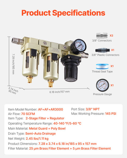Air Compressor Filter Regulator, 3/8" NPT Dual Stage Air-Drying System with 25μm + 5μm Brass Filter Element, Semi-Auto Drain Air Compressor Water Separator 145PSI Max Working Pressure, Poly Bowl