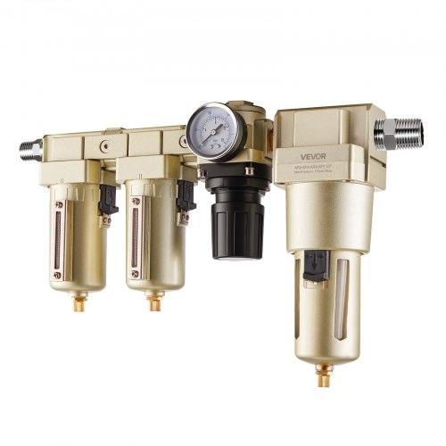 Air Compressor Filter Regulator Combo, 1/2" NPT 3-Stage 25μm & 5μm & 0.3μm Compressed Air Drying System with Micron Filters & Oil-Water Separator, Semi-Auto Drain, 175PSI Max Working Pressure
