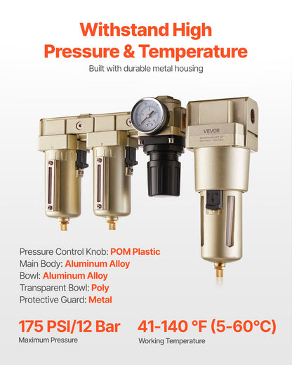 Air Compressor Filter Regulator Combo, 1/2" NPT 3-Stage 25μm & 5μm & 0.3μm Compressed Air Drying System with Micron Filters & Oil-Water Separator, Semi-Auto Drain, 175PSI Max Working Pressure