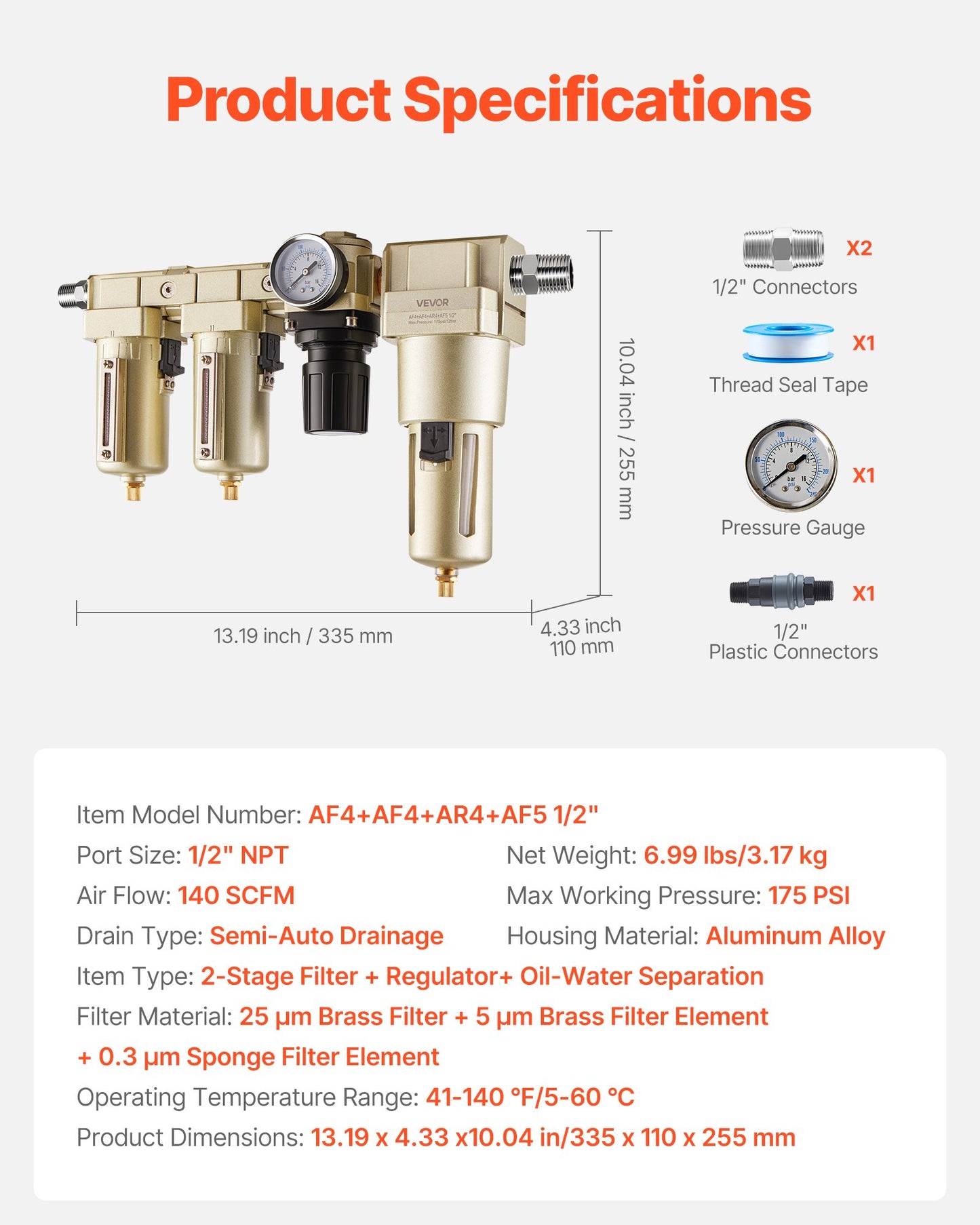 Air Compressor Filter Regulator Combo, 1/2" NPT 3-Stage 25μm & 5μm & 0.3μm Compressed Air Drying System with Micron Filters & Oil-Water Separator, Semi-Auto Drain, 175PSI Max Working Pressure