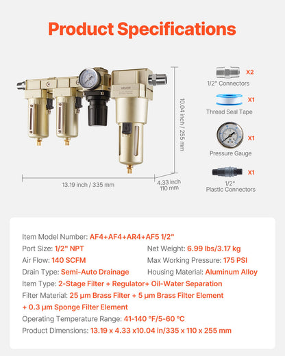 Air Compressor Filter Regulator Combo, 1/2" NPT 3-Stage 25μm & 5μm & 0.3μm Compressed Air Drying System with Micron Filters & Oil-Water Separator, Semi-Auto Drain, 175PSI Max Working Pressure