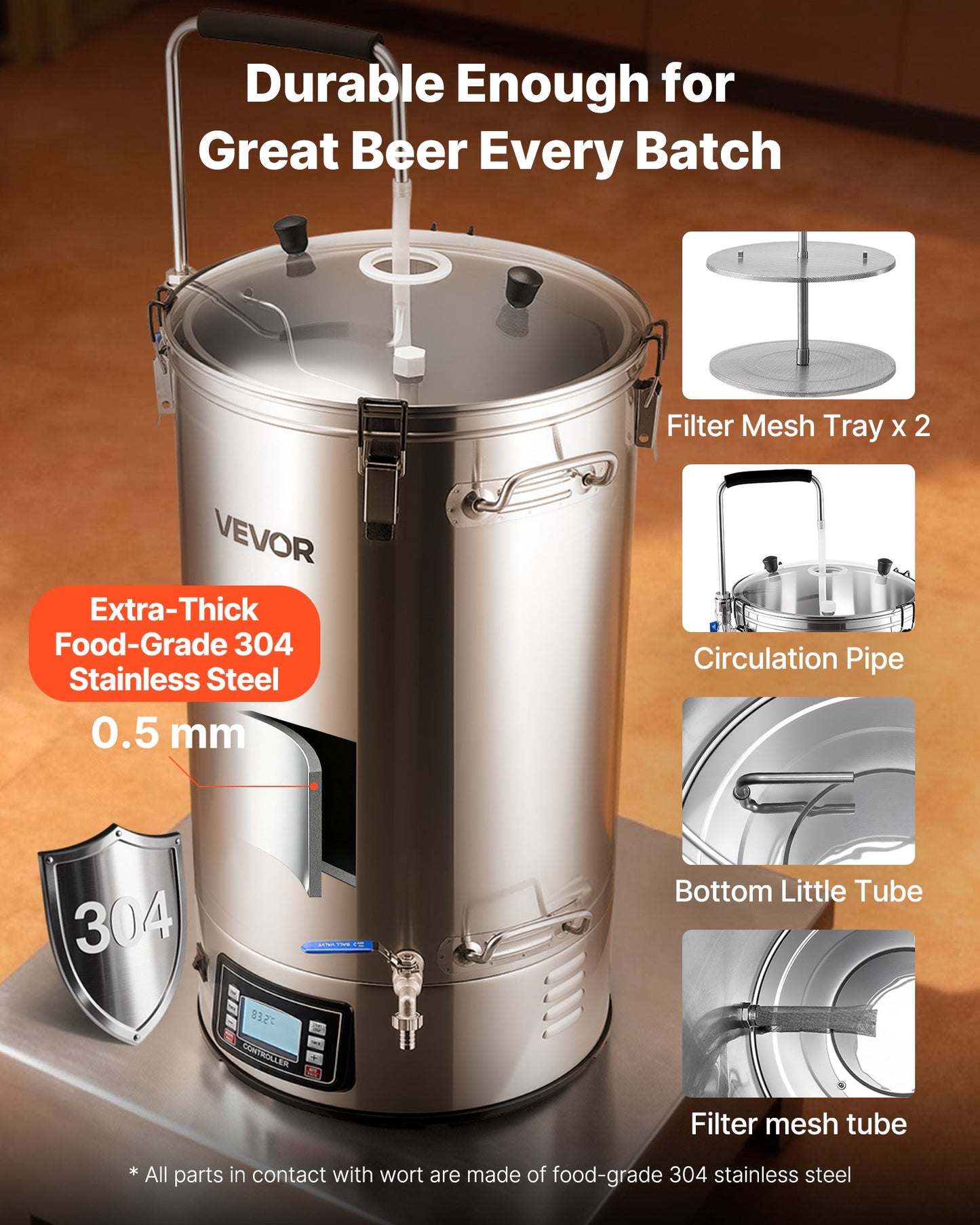 Beer Brewing Equipment, 16 Gal/60L Beer Maker with Anti-Burn Pump and Wort Chiller,3000W All-in-One Home Brewing Kit with Digital Control, Recipe Memory & Timer, Removable mesh strainer