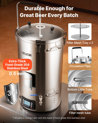 Beer Brewing Equipment, 16 Gal/60L Beer Maker with Anti-Burn Pump and Wort Chiller,3000W All-in-One Home Brewing Kit with Digital Control, Recipe Memory & Timer, Removable mesh strainer