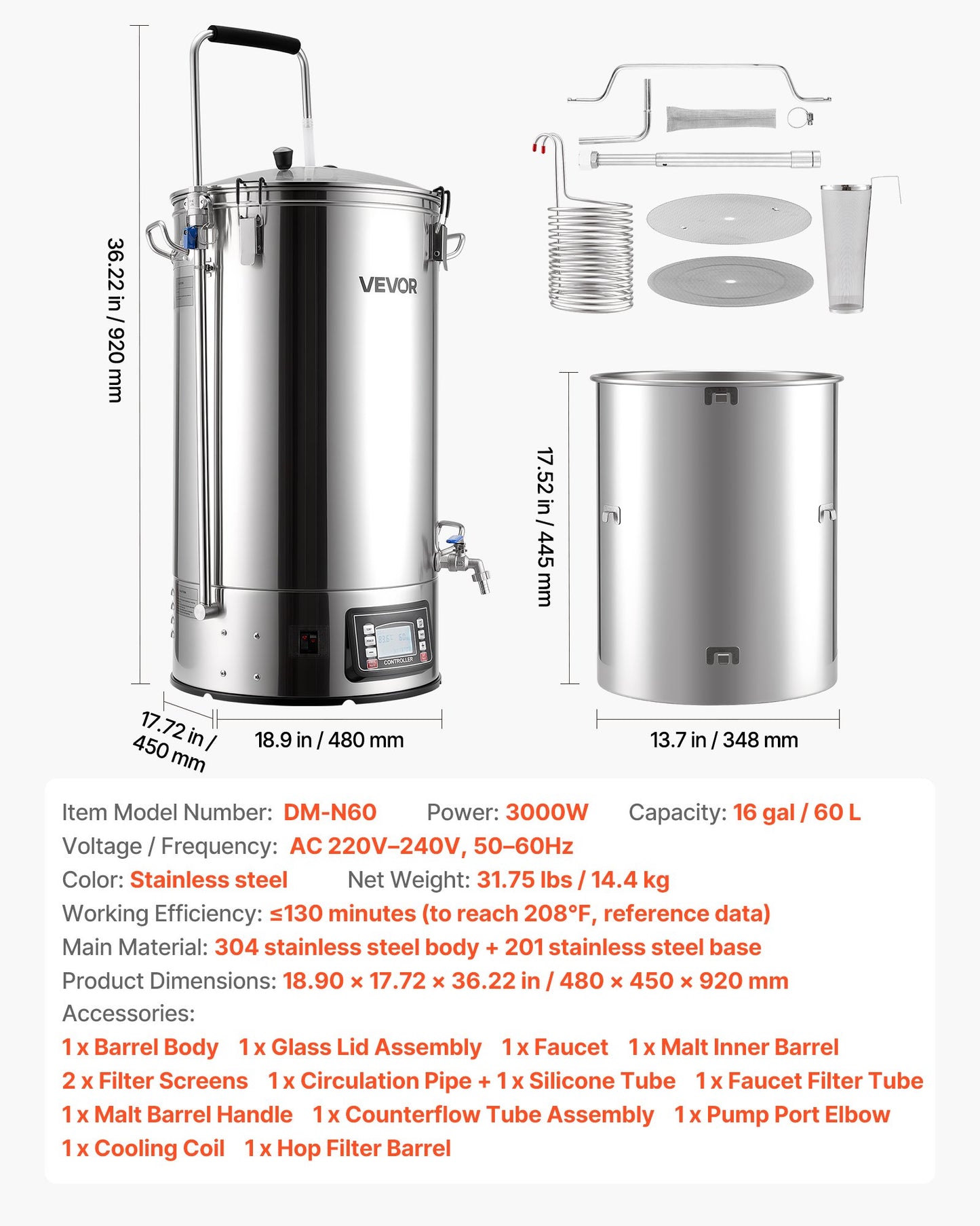 Beer Brewing Equipment, 16 Gal/60L Beer Maker with Anti-Burn Pump and Wort Chiller,3000W All-in-One Home Brewing Kit with Digital Control, Recipe Memory & Timer, Removable mesh strainer