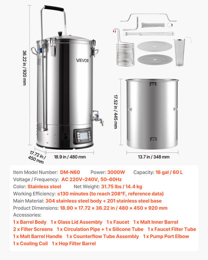 Beer Brewing Equipment, 16 Gal/60L Beer Maker with Anti-Burn Pump and Wort Chiller,3000W All-in-One Home Brewing Kit with Digital Control, Recipe Memory & Timer, Removable mesh strainer