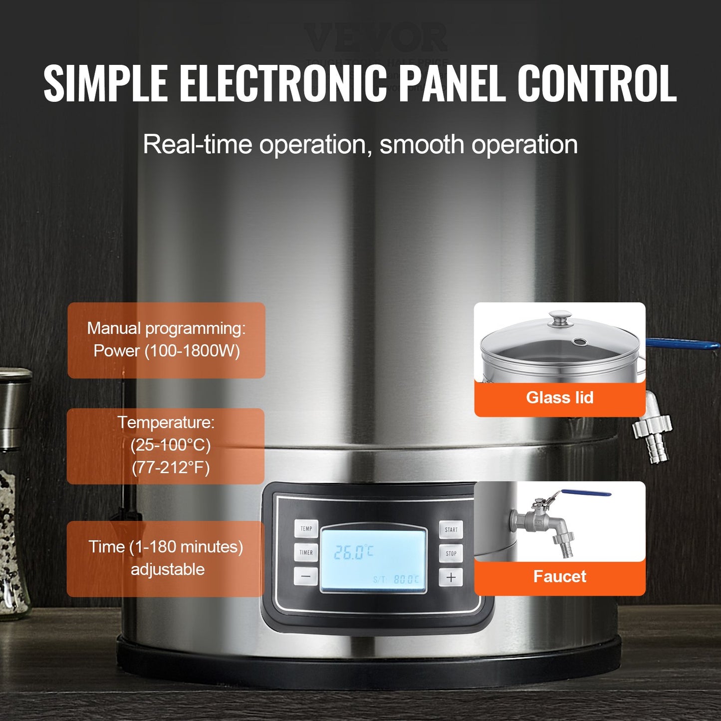 Electric Brewing System, 8 GALLON Brewing Vessel, All-in-One Beer Brewer for Home Use, 304 Stainless Steel Brewing Accessories with Panel, Includes Glass Lid, Handle, Spout, Electronic Panel Control