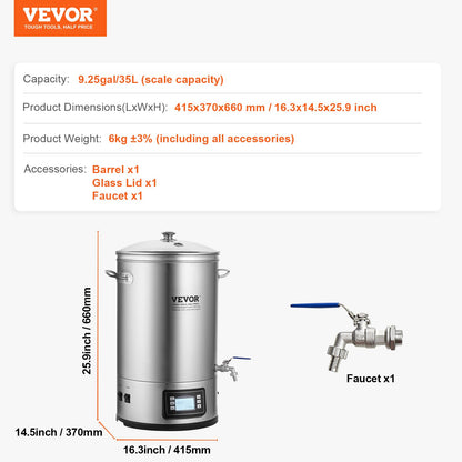 Electric Brewing System, 8 GALLON Brewing Vessel, All-in-One Beer Brewer for Home Use, 304 Stainless Steel Brewing Accessories with Panel, Includes Glass Lid, Handle, Spout, Electronic Panel Control