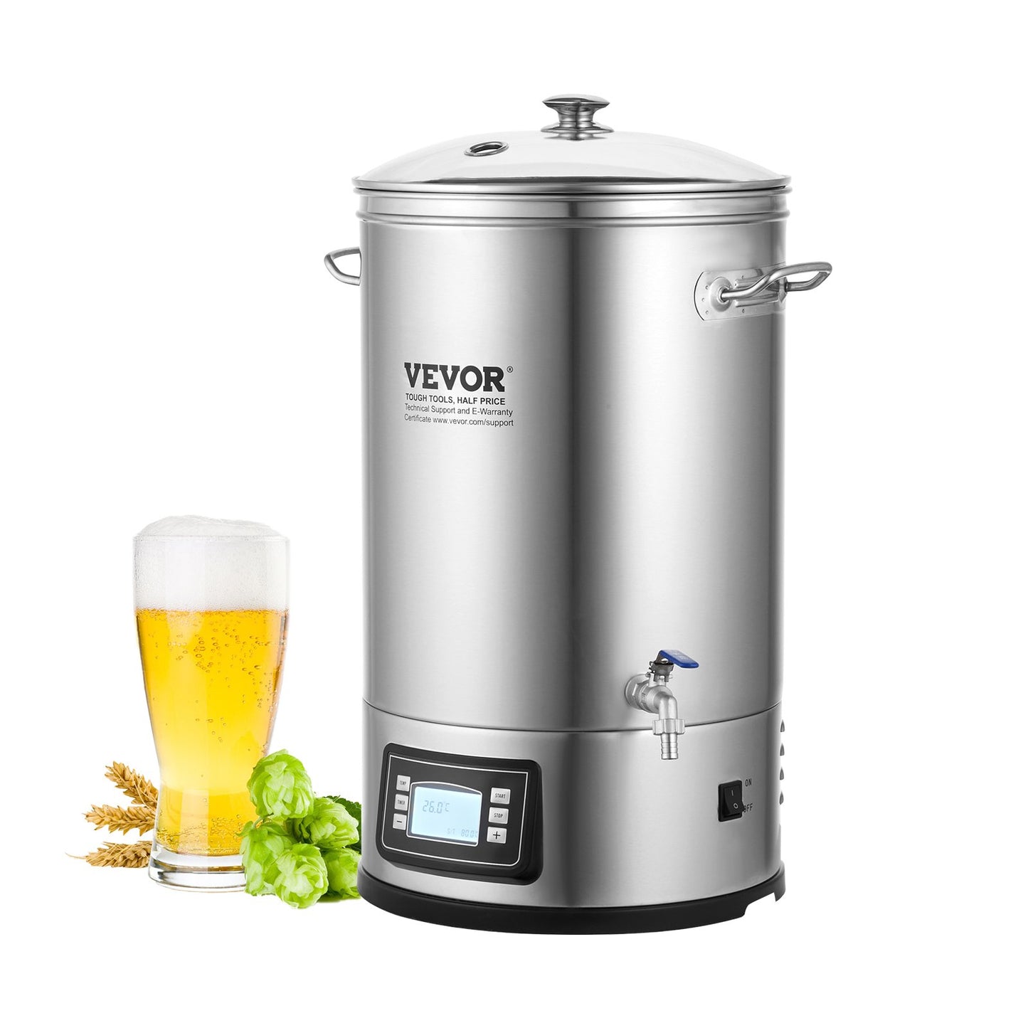 Electric Brewing System, 8 GALLON Brewing Vessel, All-in-One Beer Brewer for Home Use, 304 Stainless Steel Brewing Accessories with Panel, Includes Glass Lid, Handle, Spout, Electronic Panel Control