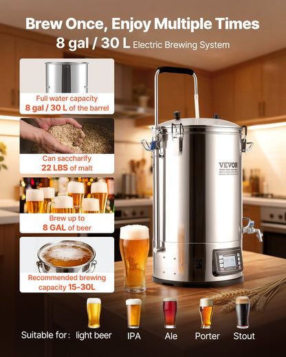 Electric Brewing System, 9.2 Gal/35 L Brewing Pot, All-in-One Home Beer Brewer with Pump, Mash Boil Device with Panel, Auto/Manual Mode 100-1800W Power 25-100℃ Temp 1-180 min Timer Recipe Memory