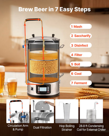 Electric Brewing System, 9.2 Gal/35 L Brewing Pot, All-in-One Home Beer Brewer with Pump, Mash Boil Device with Panel, Auto/Manual Mode 100-1800W Power 25-100℃ Temp 1-180 min Timer Recipe Memory
