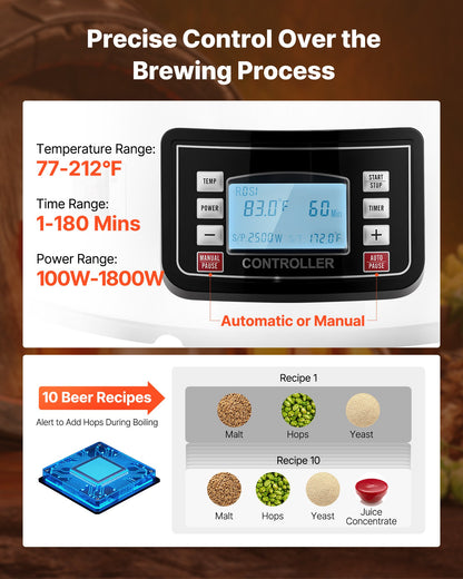 Electric Brewing System, 9.2 Gal/35 L Brewing Pot, All-in-One Home Beer Brewer with Pump, Mash Boil Device with Panel, Auto/Manual Mode 100-1800W Power 25-100℃ Temp 1-180 min Timer Recipe Memory