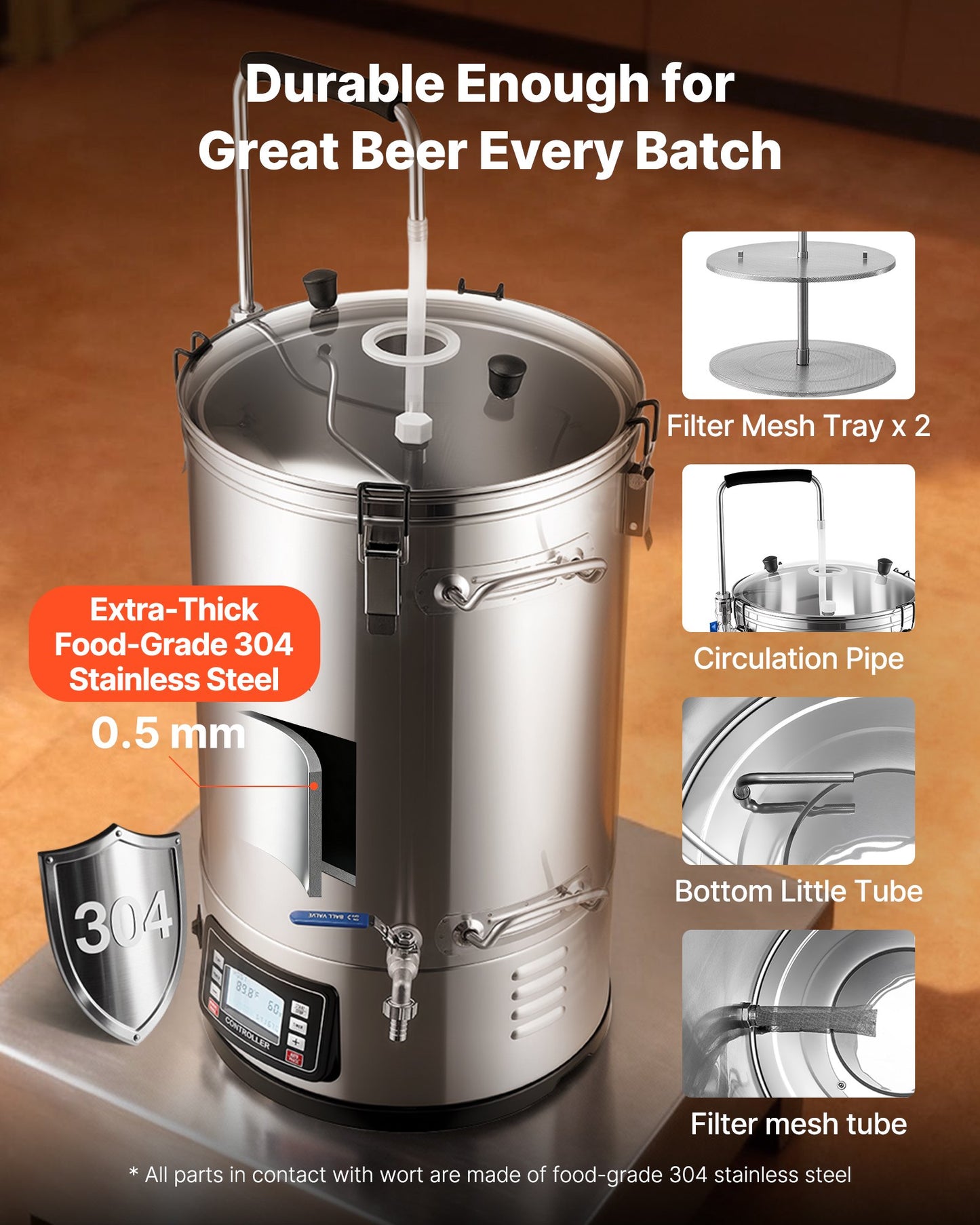 Electric Brewing System, 9.2 Gal/35 L Brewing Pot, All-in-One Home Beer Brewer with Pump, Mash Boil Device with Panel, Auto/Manual Mode 100-1800W Power 25-100℃ Temp 1-180 min Timer Recipe Memory