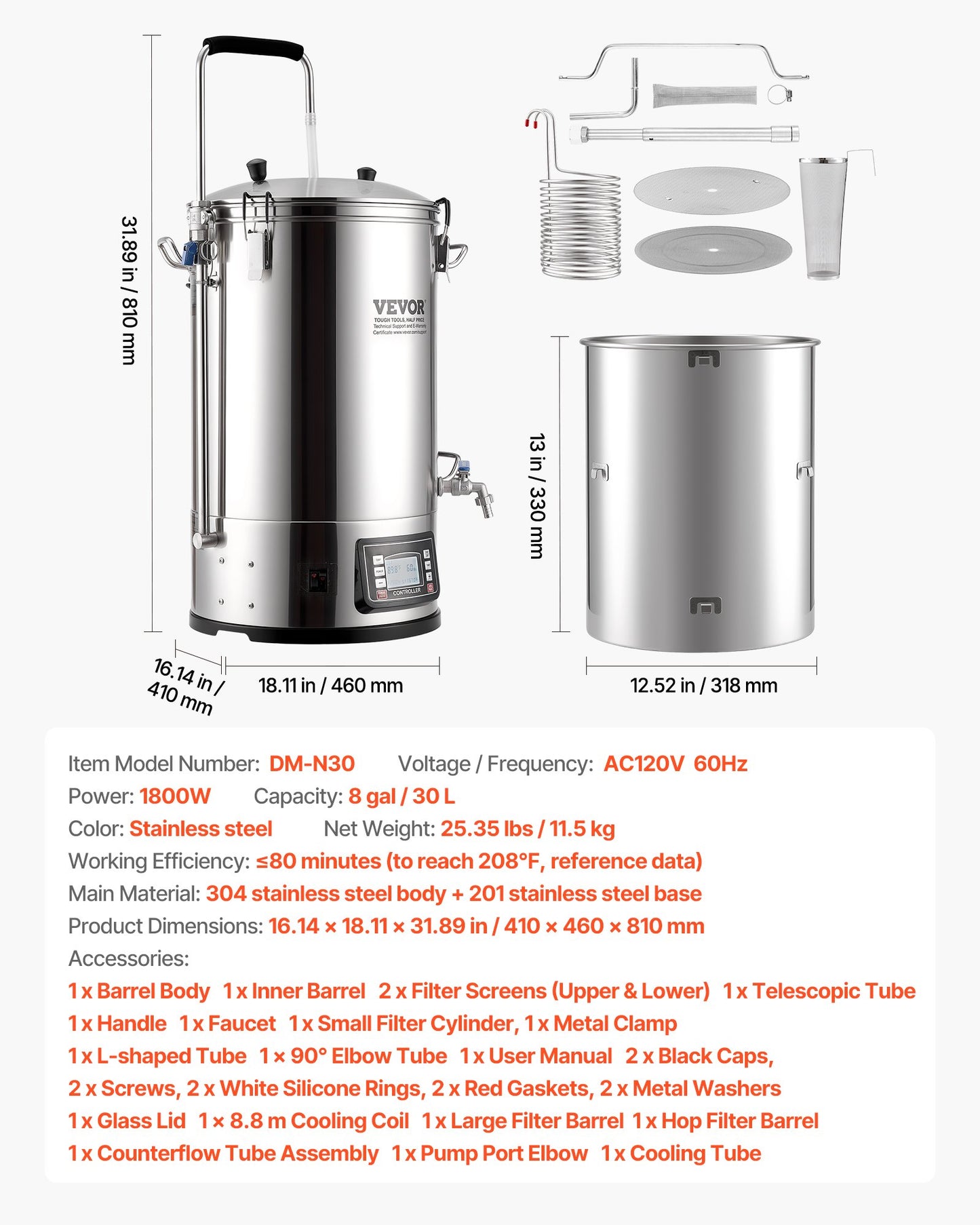 Electric Brewing System, 9.2 Gal/35 L Brewing Pot, All-in-One Home Beer Brewer with Pump, Mash Boil Device with Panel, Auto/Manual Mode 100-1800W Power 25-100℃ Temp 1-180 min Timer Recipe Memory