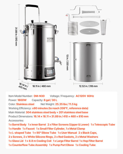Electric Brewing System, 9.2 Gal/35 L Brewing Pot, All-in-One Home Beer Brewer with Pump, Mash Boil Device with Panel, Auto/Manual Mode 100-1800W Power 25-100℃ Temp 1-180 min Timer Recipe Memory