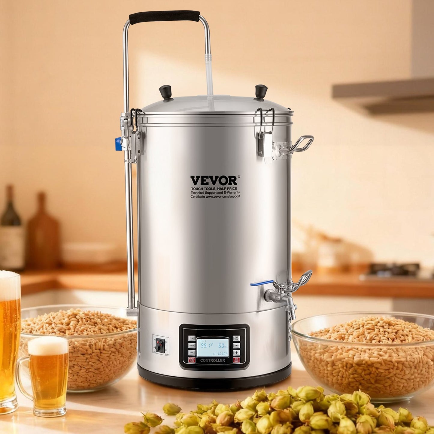 Electric Brewing System, 9.2 Gal/35 L Brewing Pot, All-in-One Home Beer Brewer with Pump, Mash Boil Device with Panel, Auto/Manual Mode 100-1800W Power 25-100℃ Temp 1-180 min Timer Recipe Memory
