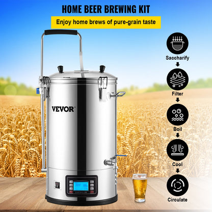 Electric Brewing System, 8 Gal/30 L, All-in-one Home Beer Brewer with Auto/Manual Mode Panel, Mash Boil Device with 100-2500W Power 25-100℃ Temp 1-180 min Timer Circulation Pump Recipe Memory, 220V