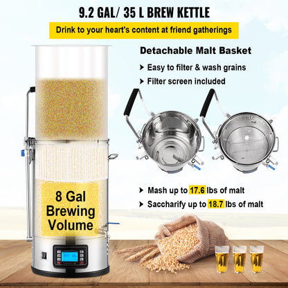 Electric Brewing System, 8 Gal/30 L, All-in-one Home Beer Brewer with Auto/Manual Mode Panel, Mash Boil Device with 100-2500W Power 25-100℃ Temp 1-180 min Timer Circulation Pump Recipe Memory, 220V