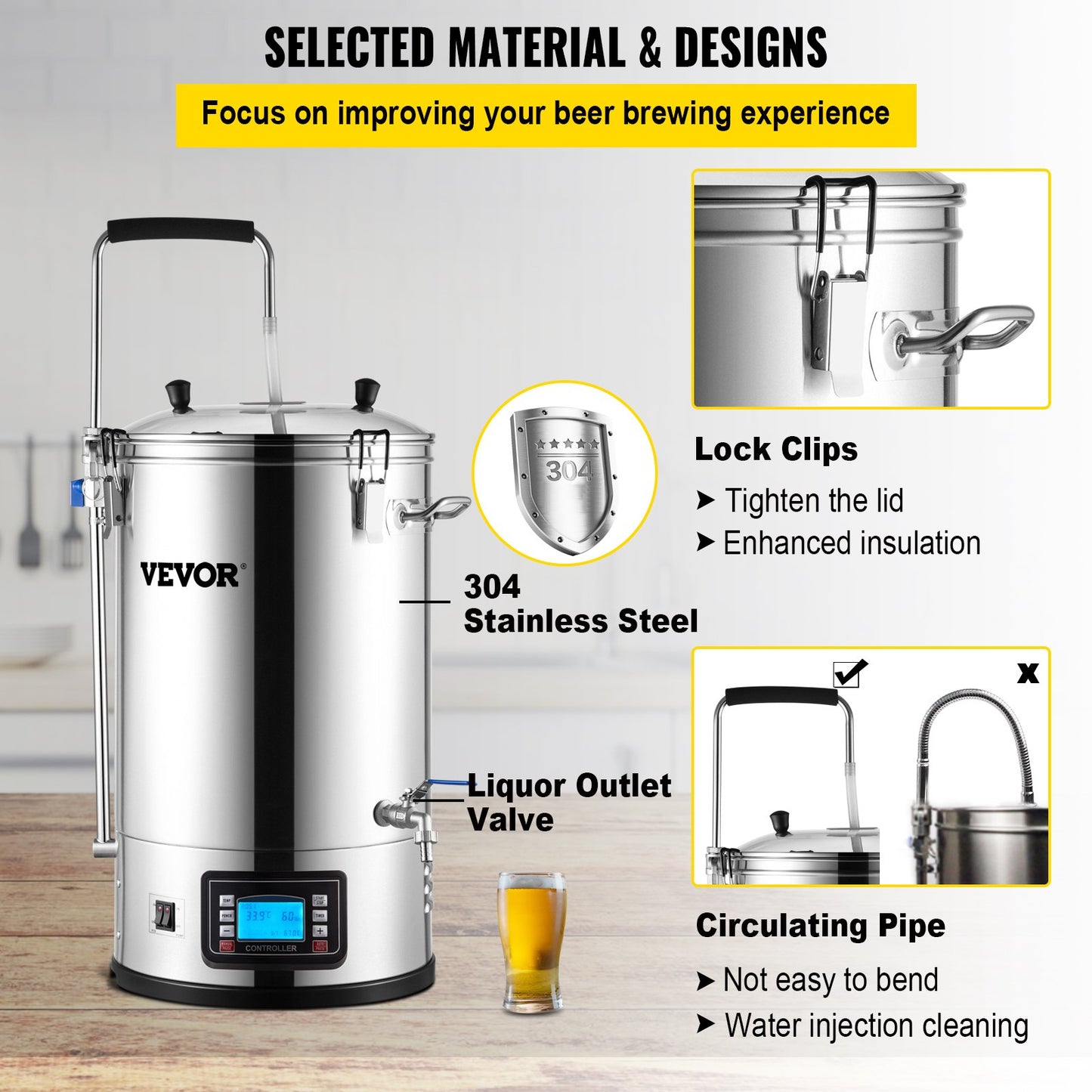Electric Brewing System, 8 Gal/30 L, All-in-one Home Beer Brewer with Auto/Manual Mode Panel, Mash Boil Device with 100-2500W Power 25-100℃ Temp 1-180 min Timer Circulation Pump Recipe Memory, 220V