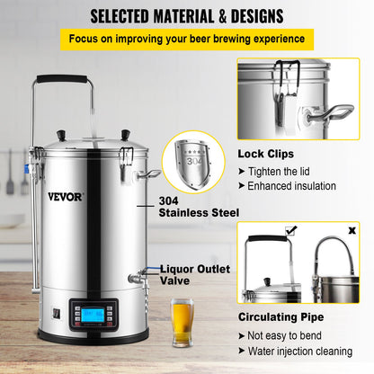 Electric Brewing System, 8 Gal/30 L, All-in-one Home Beer Brewer with Auto/Manual Mode Panel, Mash Boil Device with 100-2500W Power 25-100℃ Temp 1-180 min Timer Circulation Pump Recipe Memory, 220V