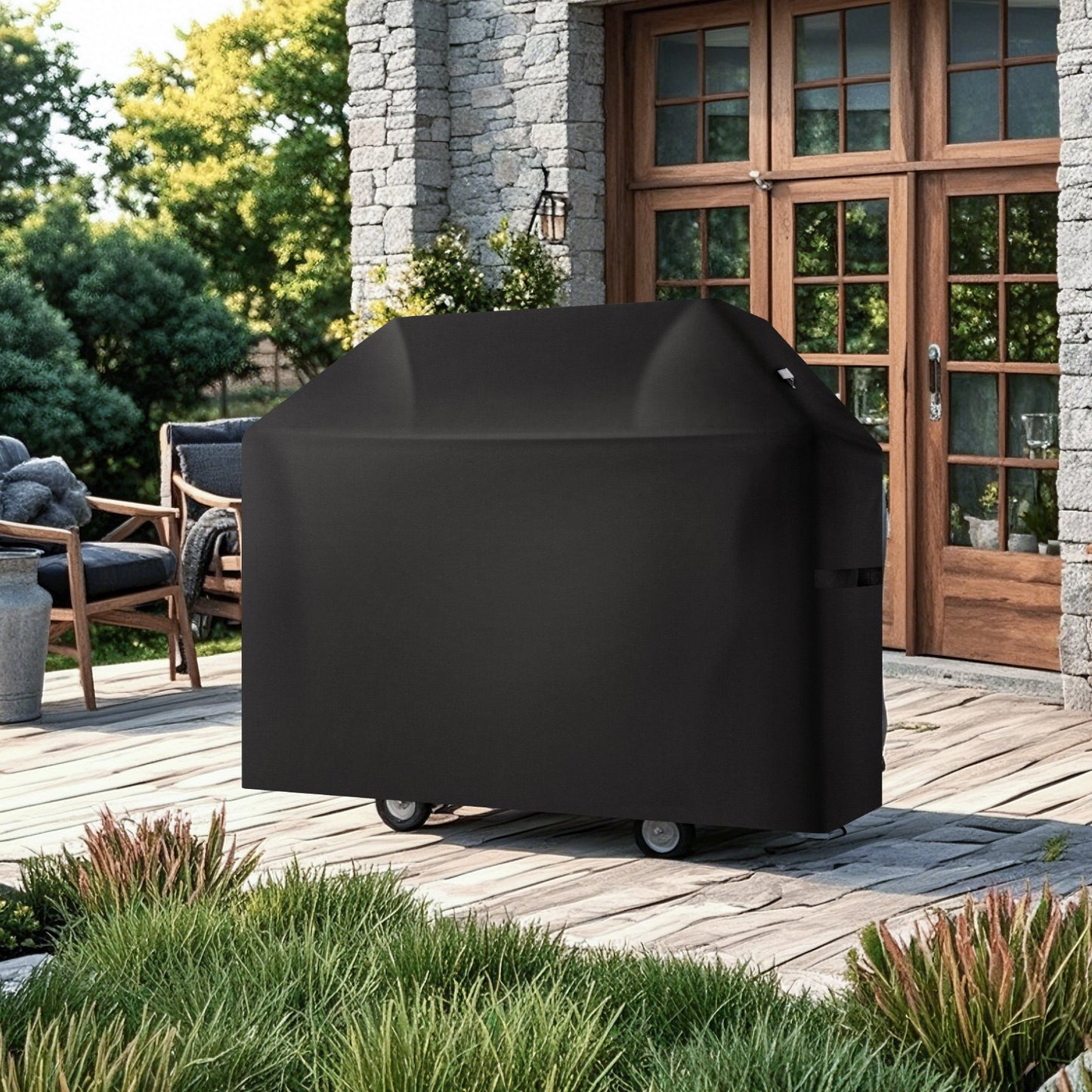 Grill Cover, 58 inch BBQ Covers for Outdoor Grills, Waterproof, Fade Resistant, Weather Resistant Heavy Duty 600D Polyester, Easy On/Off, with Hook-and-Loop Straps, Black