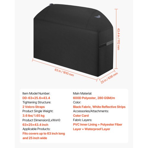 Grillöverdrag, 63 tums grillöverdrag för utomhusgrillar, vattentätt, blekningsbeständigt, väderbeständigt kraftigt 600D polyester, enkelt på och av, med kardborreband, svart |  EU
