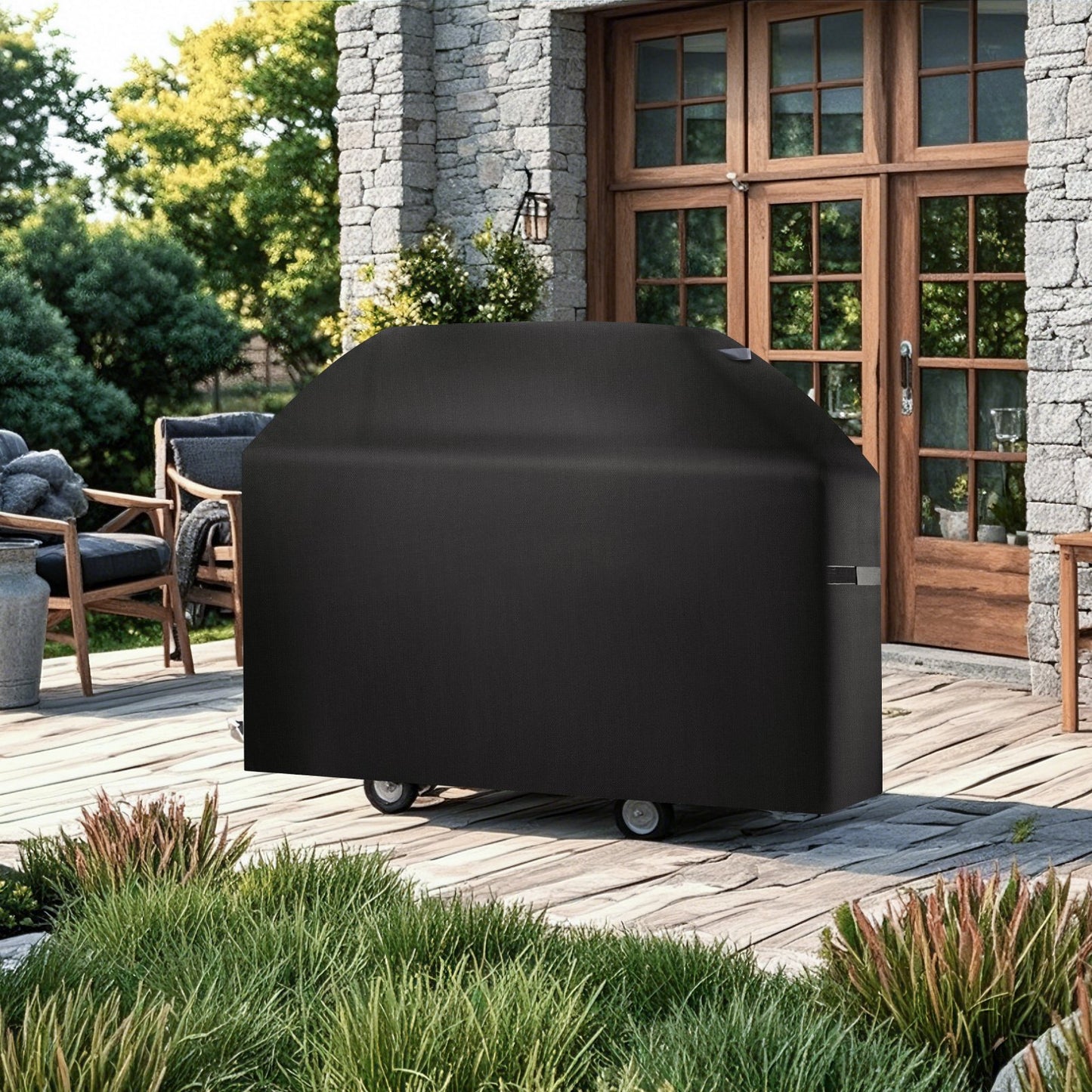 Grill Cover, 63 inch BBQ Covers for Outdoor Grills, Waterproof, Fade Resistant, Weather Resistant Heavy Duty 600D Polyester, Easy On/Off, with Hook-and-Loop Straps, Black