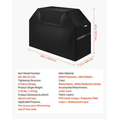 Grillöverdrag, 48 tums grillöverdrag för utomhusgrillar, vattentätt, blekningsbeständigt, väderbeständigt kraftigt 600D polyester, enkelt på och av, med kardborreband, svart |  EU