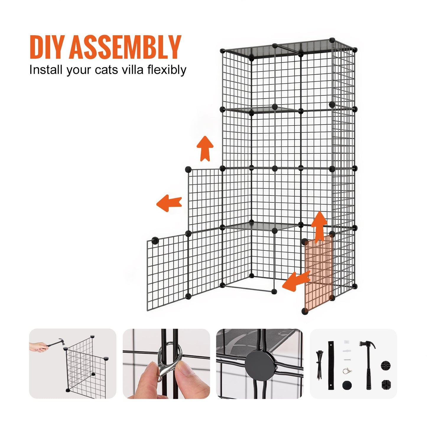 Large 3-Tier Cat Cage 28 x 28 x 41" Wire Playpen Catio with Hammock