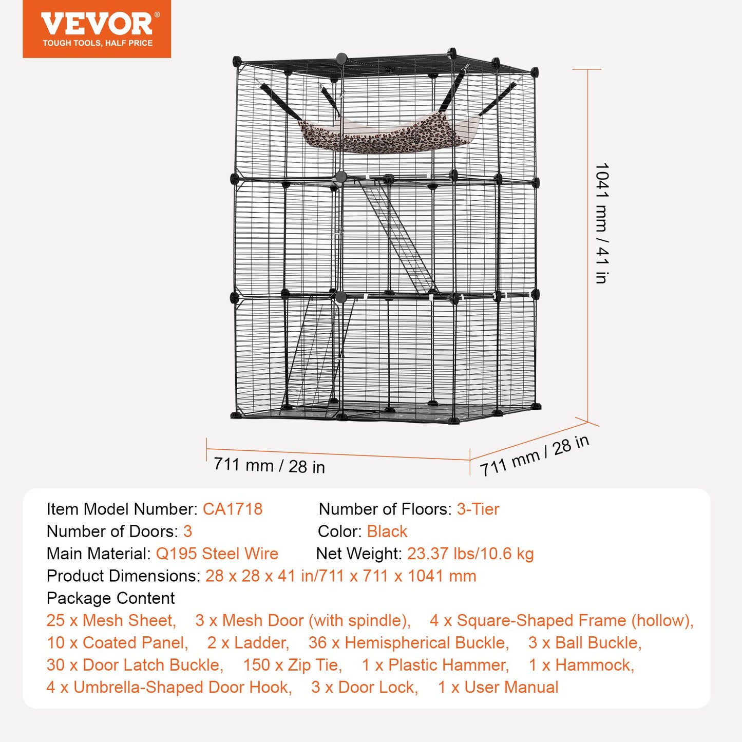 Large 3-Tier Cat Cage 28 x 28 x 41" Wire Playpen Catio with Hammock