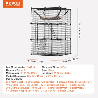Large 3-Tier Cat Cage 28 x 28 x 41" Wire Playpen Catio with Hammock