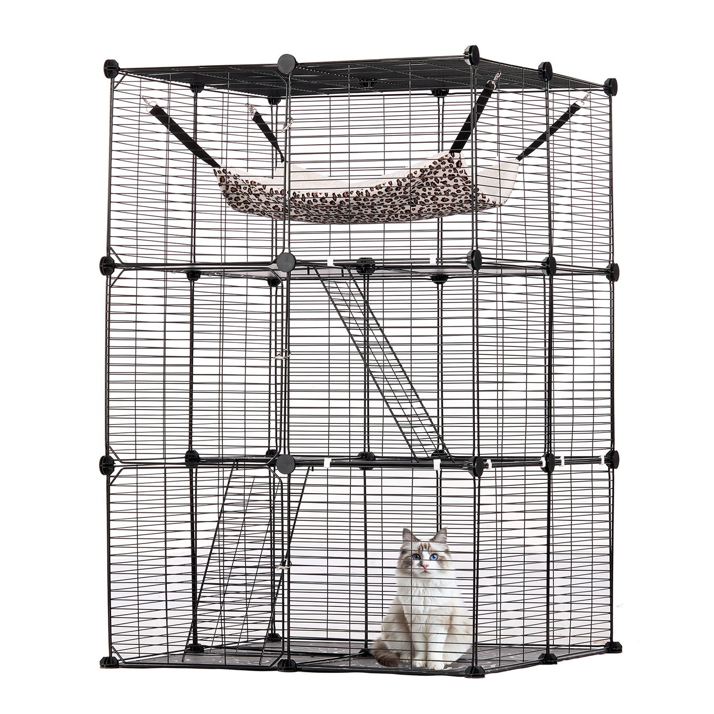 Large 3-Tier Cat Cage 28 x 28 x 41" Wire Playpen Catio with Hammock