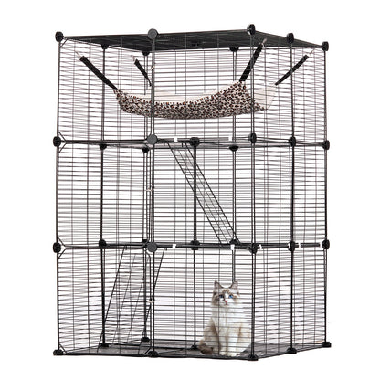 Large 3-Tier Cat Cage 28 x 28 x 41" Wire Playpen Catio with Hammock