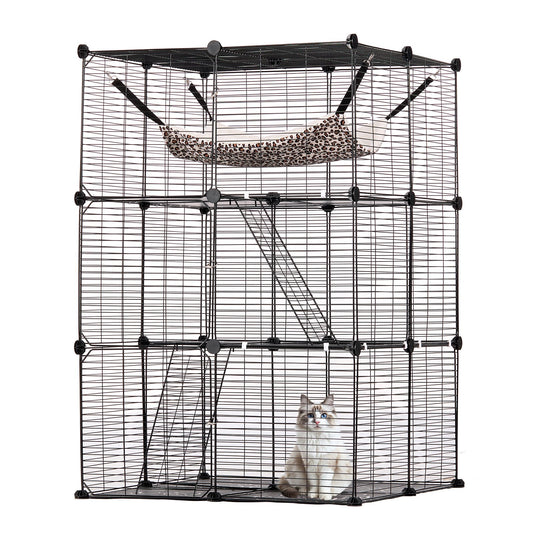 Large 3-Tier Cat Cage 28 x 28 x 41" Wire Playpen Catio with Hammock
