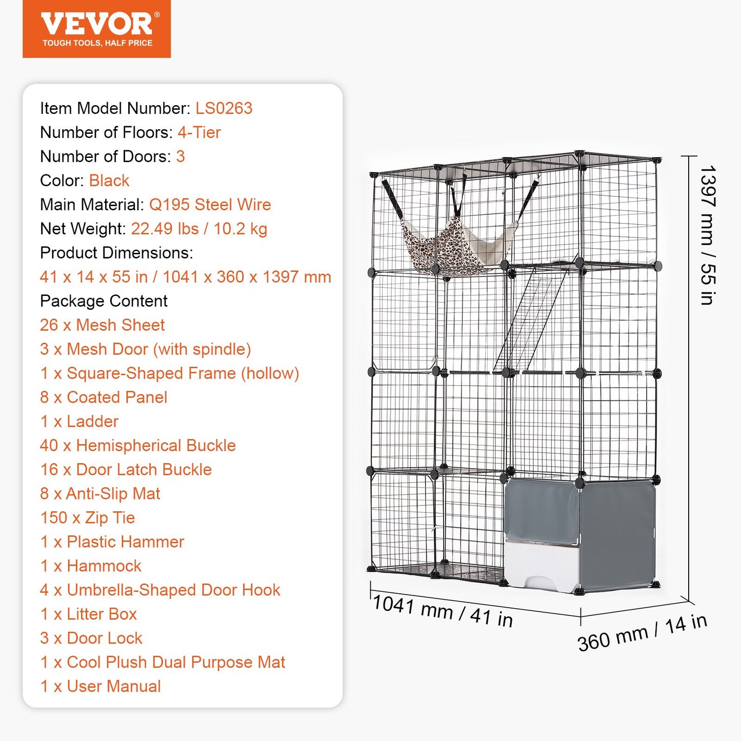 Large 4-tier Cat Cage, 41 x 14 x 55", Detachable Metal Wire Cat Enclosure, with Litter Box Hammock Ramp ladders, Indoor & Outdoor Crate Exercise Place Ideal for Kitty, Small Animals, Black