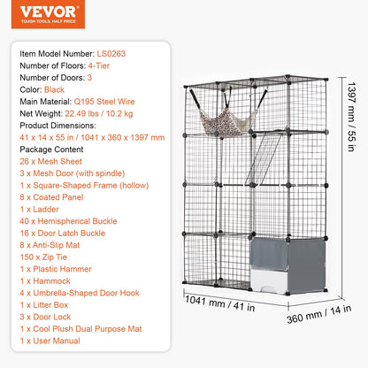 Large 4-tier Cat Cage, 41 x 14 x 55", Detachable Metal Wire Cat Enclosure, with Litter Box Hammock Ramp ladders, Indoor & Outdoor Crate Exercise Place Ideal for Kitty, Small Animals, Black