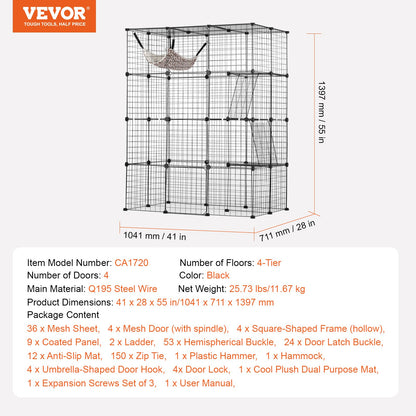 Large 4-tier Cat Cage, 41 x 28 x 55", Detachable Metal Wire Cat Enclosure, with 4 Front Doors Hammock Ramp ladders, Indoor & Outdoor Crate Exercise Place Ideal for Kitty, Small Animals, Black