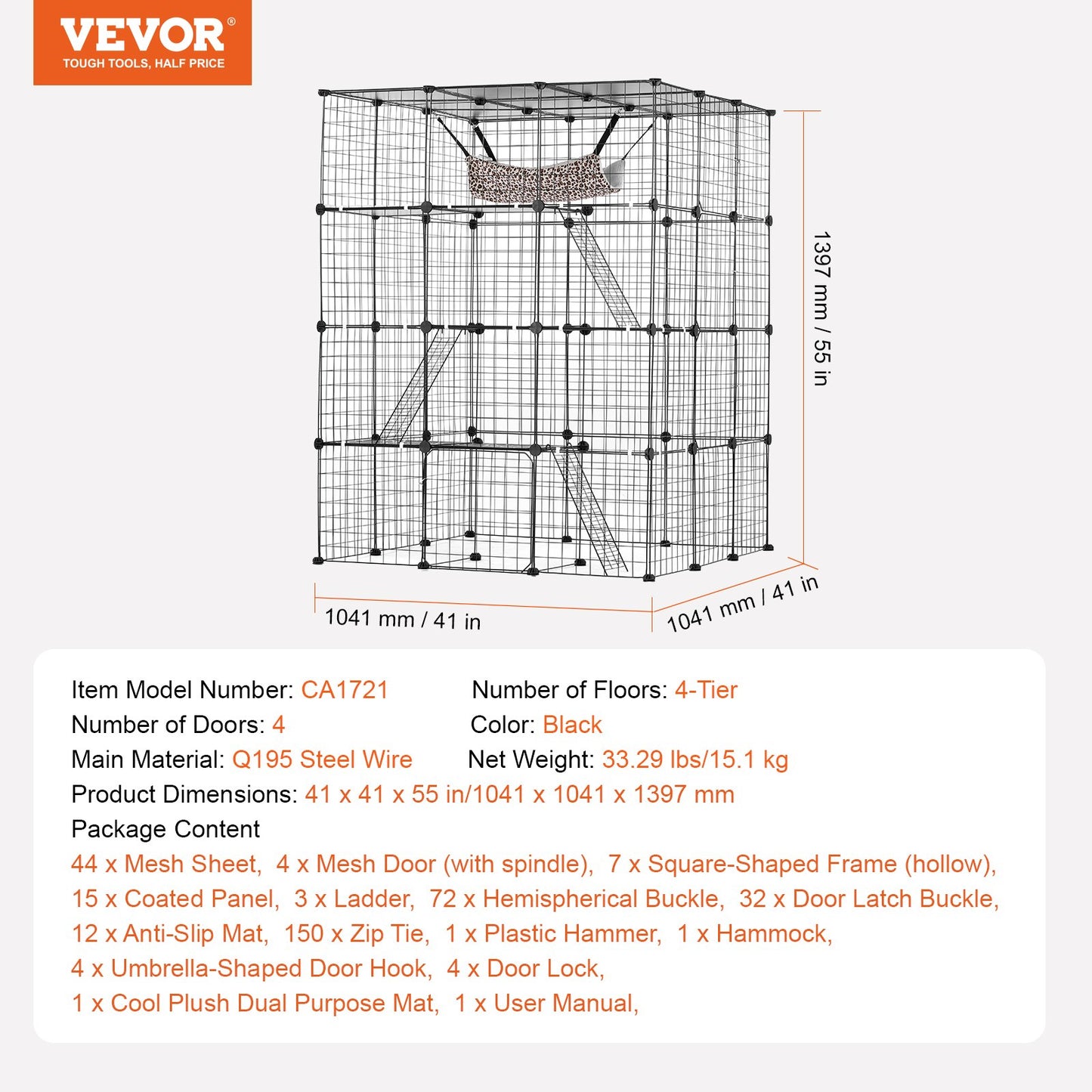 Large 4-tier Cat Cage, 41 x 41 x 55", Detachable Metal Wire Cat Enclosure, with 4 Front Doors Hammock Ramp ladders, Indoor & Outdoor Crate Exercise Place Ideal for Kitty, Small Animals, Black