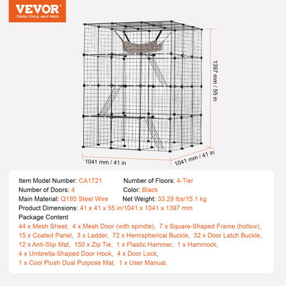 Large 4-tier Cat Cage, 41 x 41 x 55", Detachable Metal Wire Cat Enclosure, with 4 Front Doors Hammock Ramp ladders, Indoor & Outdoor Crate Exercise Place Ideal for Kitty, Small Animals, Black