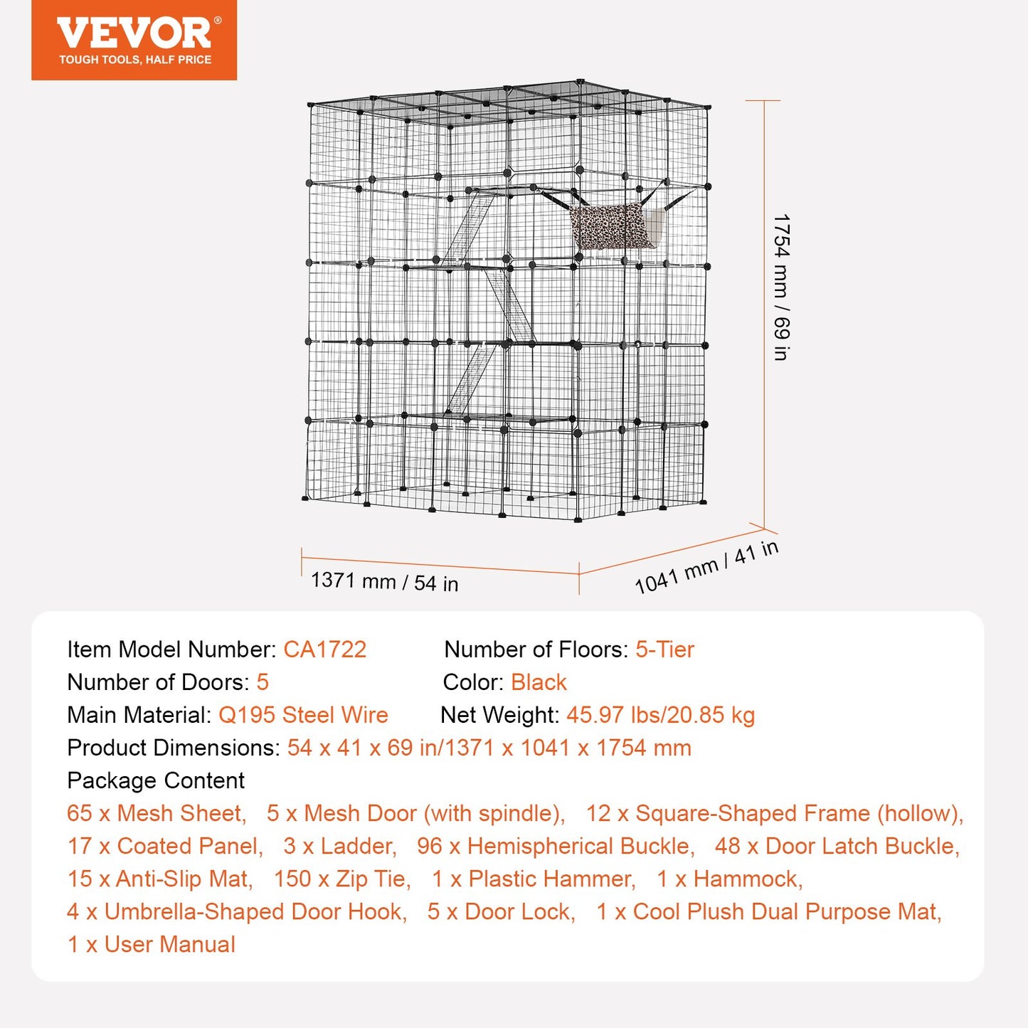 Large 4-tier Cat Cage, 54 x 41 x 69", Detachable Metal Wire Cat Enclosure, with 5 Front Doors Hammock Ramp ladders, Indoor & Outdoor Crate Exercise Place Ideal for Kitty, Small Animals, Black