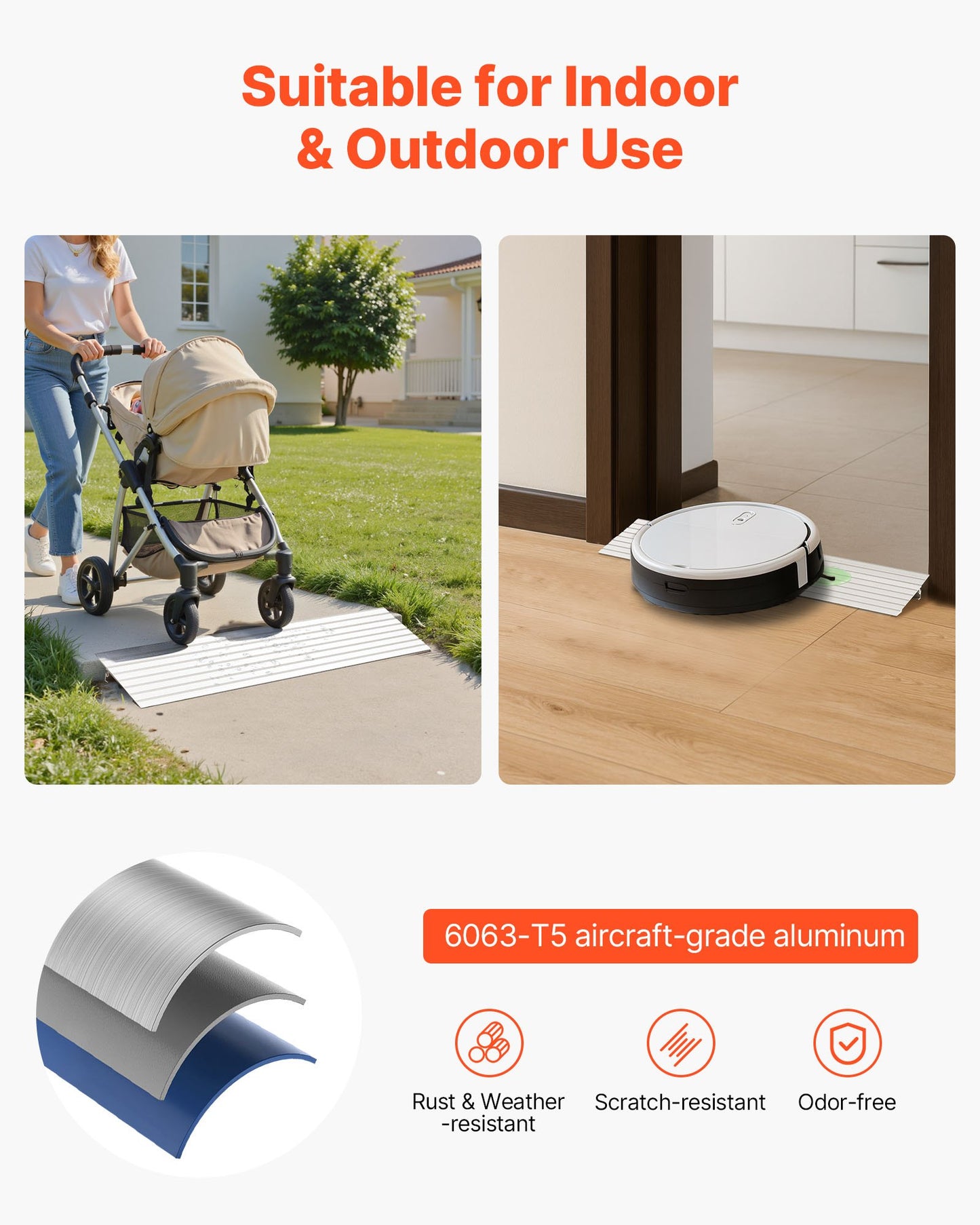 Door Threshold Ramp, 1 inch Rise, Aluminum Alloy Threshold Ramp Rated 800 lbs Load Capacity, Handicap Ramps for Home Steps for Wheelchair, Scooters, Power Chairs, Walkers, Bicycle, Tricycle