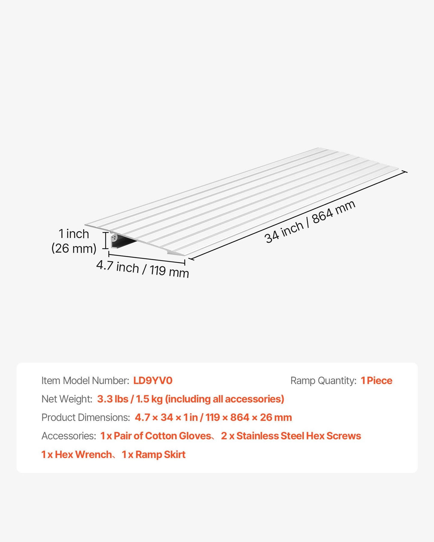 Door Threshold Ramp, 1 inch Rise, Aluminum Alloy Threshold Ramp Rated 800 lbs Load Capacity, Handicap Ramps for Home Steps for Wheelchair, Scooters, Power Chairs, Walkers, Bicycle, Tricycle