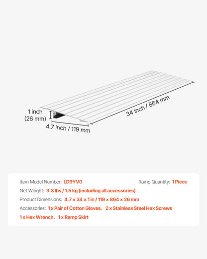 Door Threshold Ramp, 1 inch Rise, Aluminum Alloy Threshold Ramp Rated 800 lbs Load Capacity, Handicap Ramps for Home Steps for Wheelchair, Scooters, Power Chairs, Walkers, Bicycle, Tricycle