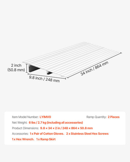 Door Threshold Ramp, 2 inch Rise, Aluminum Alloy Threshold Ramp Rated 800 lbs Load Capacity, Handicap Ramps for Home Steps for Wheelchair, Scooters, Power Chairs, Walkers, Bicycle, Tricycle