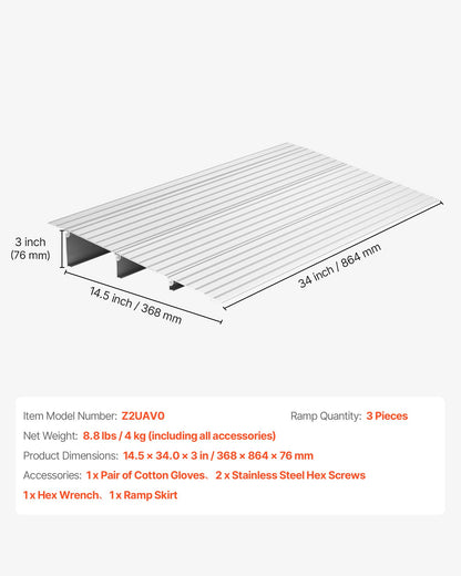Door Threshold Ramp, 3 inch Rise, Aluminum Alloy Threshold Ramp Rated 800 lbs Load Capacity, Handicap Ramps for Home Steps for Wheelchair, Scooters, Power Chairs, Walkers, Bicycle, Tricycle