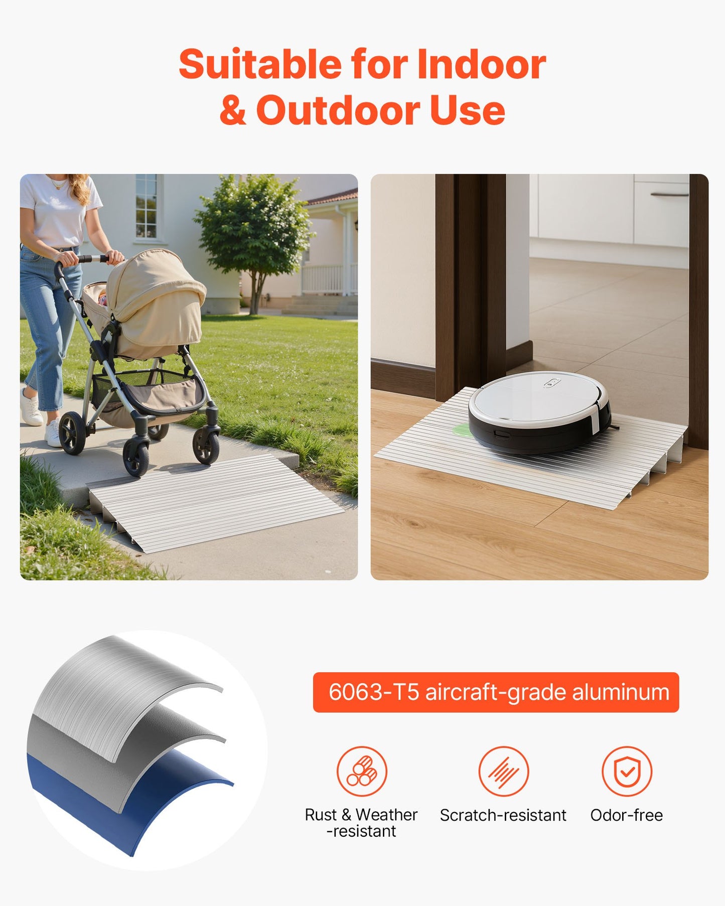 Door Threshold Ramp, 4 inch Rise, Aluminum Alloy Threshold Ramp Rated 800 lbs Load Capacity, Handicap Ramps for Home Steps for Wheelchair, Scooters, Power Chairs, Walkers, Bicycle, Tricycle