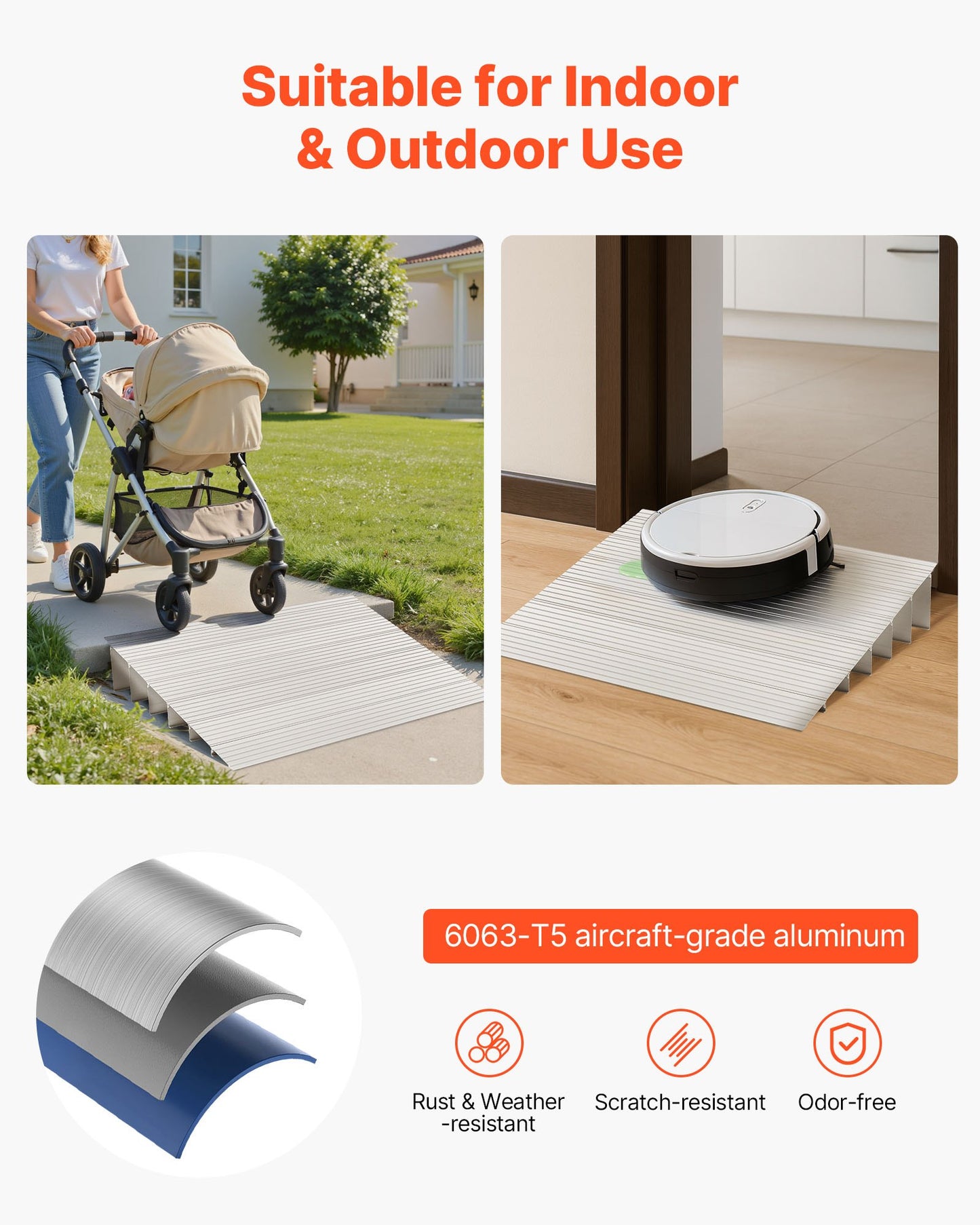 Door Threshold Ramp, 6 inch Rise, Aluminum Alloy Threshold Ramp Rated 800 lbs Load Capacity, Handicap Ramps for Home Steps for Wheelchair, Scooters, Power Chairs, Walkers, Bicycle, Tricycle