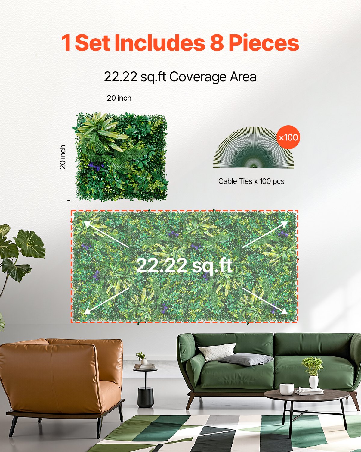 Kunstrasen-Wandpaneele, 8 Stück, 50,8 x 50,8 cm, 3D-Grün für die Innendekoration