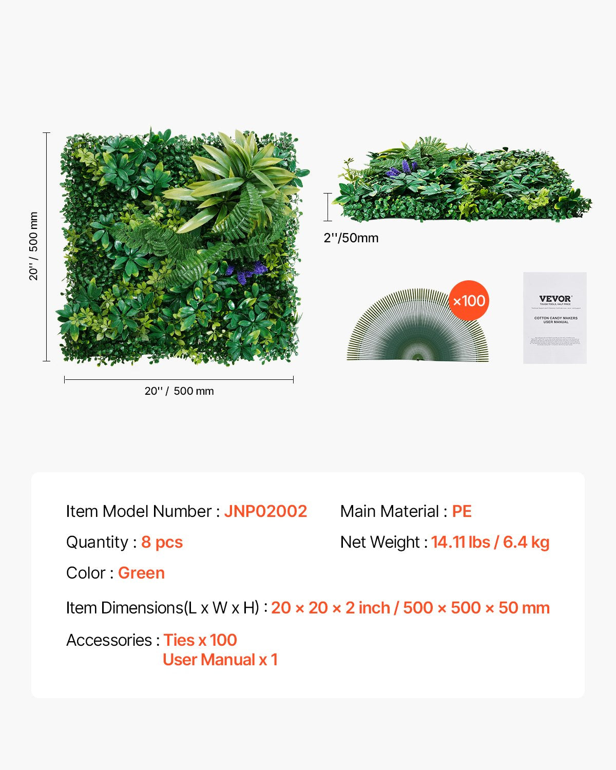 Kunstrasen-Wandpaneele, 8 Stück, 50,8 x 50,8 cm, 3D-Grün für die Innendekoration