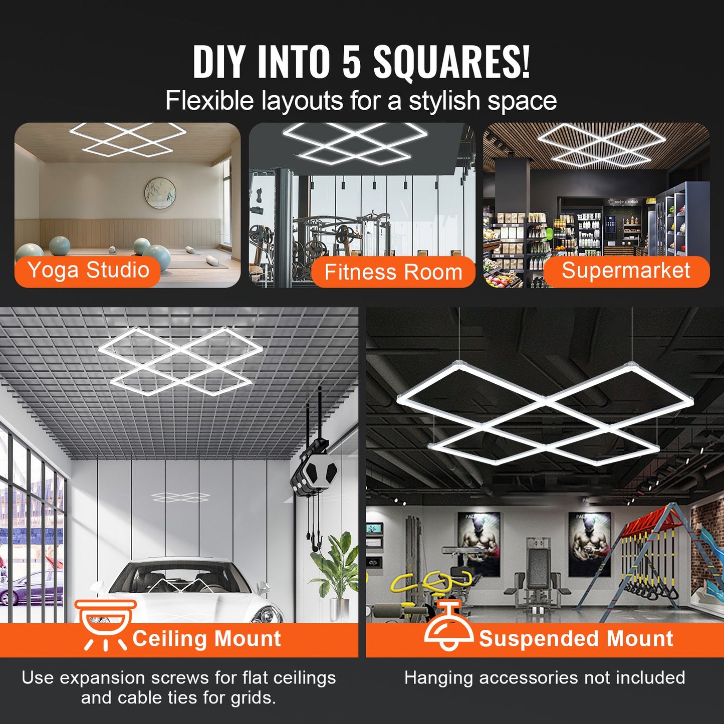 Square LED Garagebelysning 22000LM 5 Grids Bright Car Detailing Shop Light